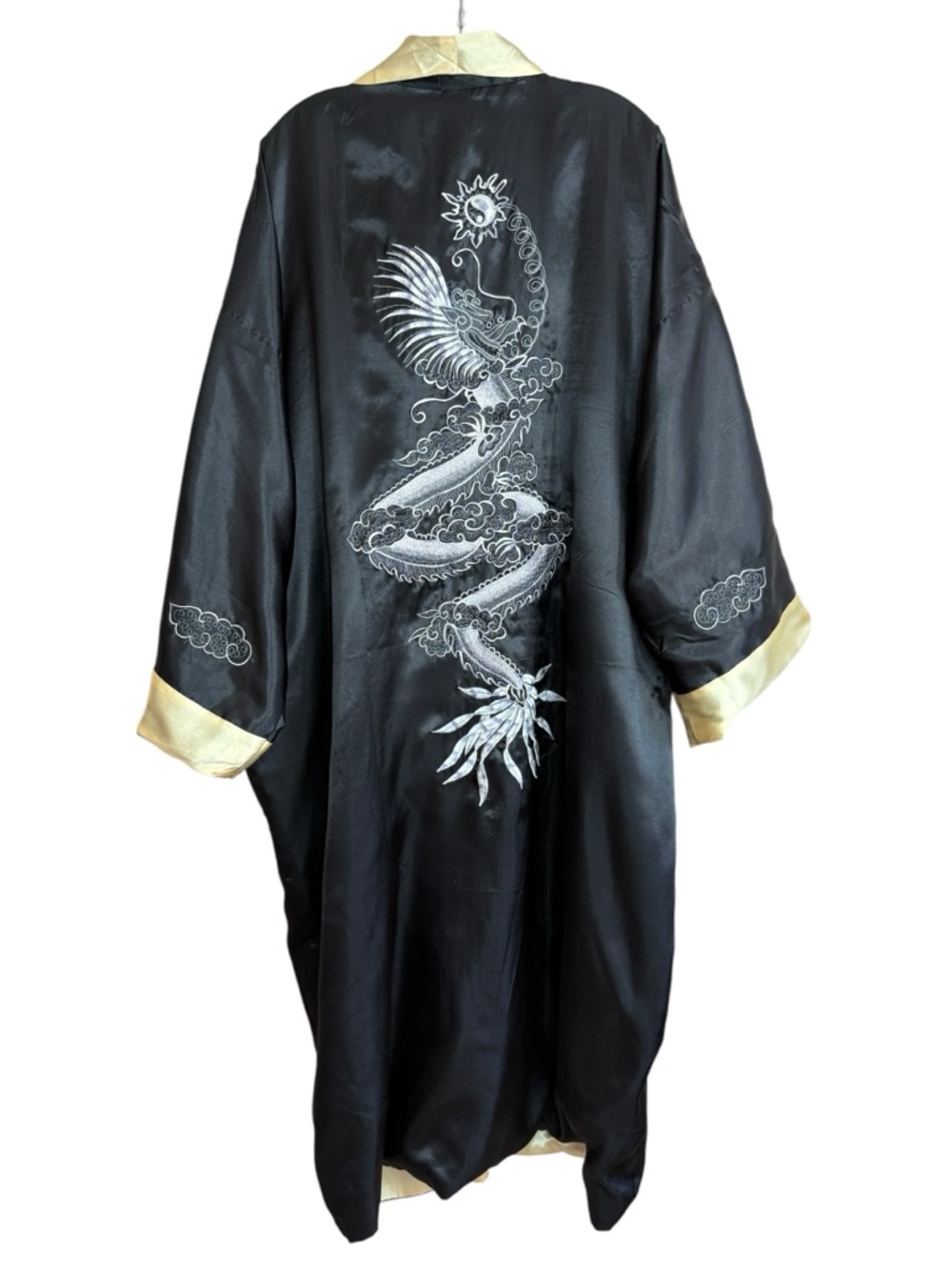 Tang Yi Reversible Dragon Satin Robe XXL Black Gold Embroidered Kimono